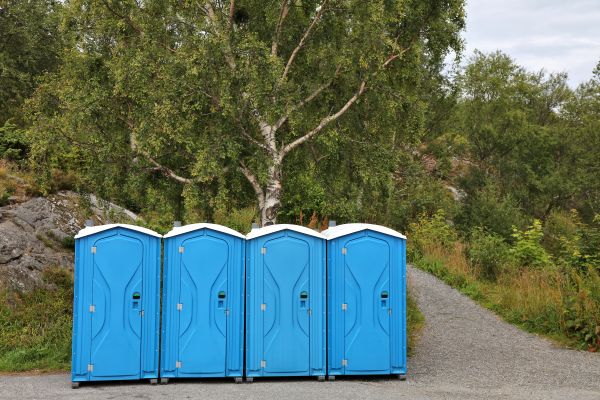 Porta potty rental company units staged for delivery in Marietta